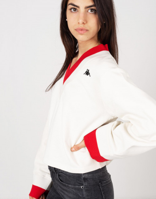 Red and ivory sweatshirt over